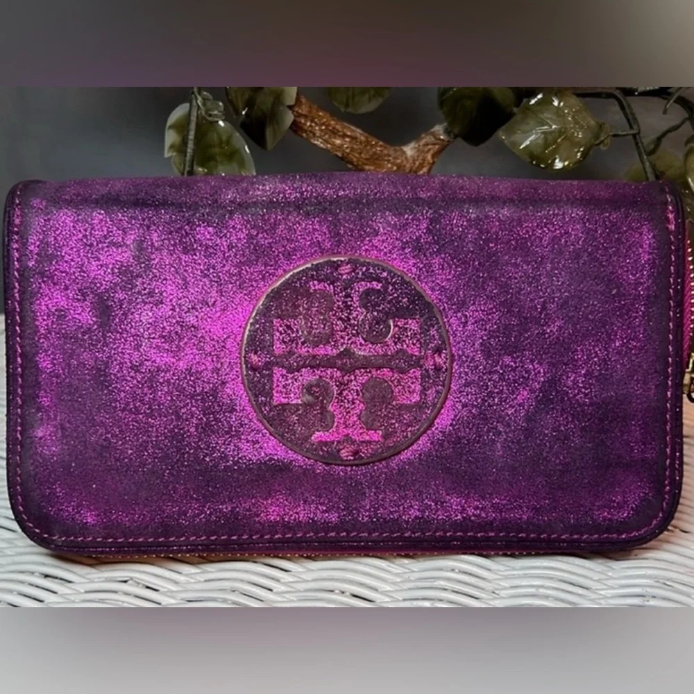 Tory Burch Large Purple METALLIC SUEDE Wallet/Organizer Metallic Finish RARE!EUC
